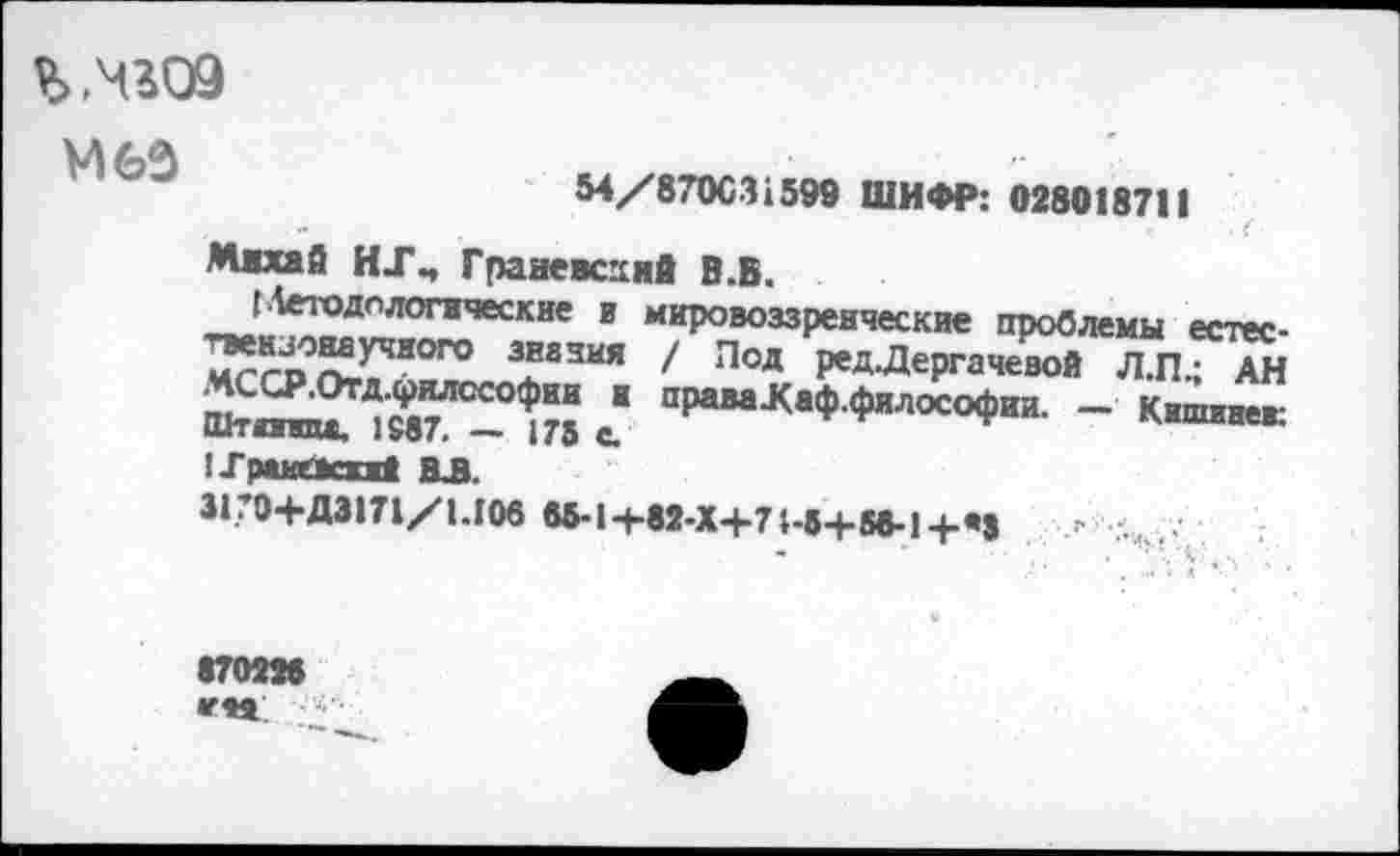 ﻿Ъ.чгоэ
М63
М/870СЗ»599 ШИФР: 028018711
Мвхай	Граяевсхий В.В.
I Летодологические и мировоззренческие проблемы естес-^"■£°“учного зназия / Под ред.Дергачевой Л.П.; АН
■ пРам-КаФ-Философии. - Кишинев: штяпшх, 1987. — 175 с.
иракская! ВЛ.
31.70+Д3171/Ы06 85-14-82-Х+74-54-58-1+М
870228 ***■